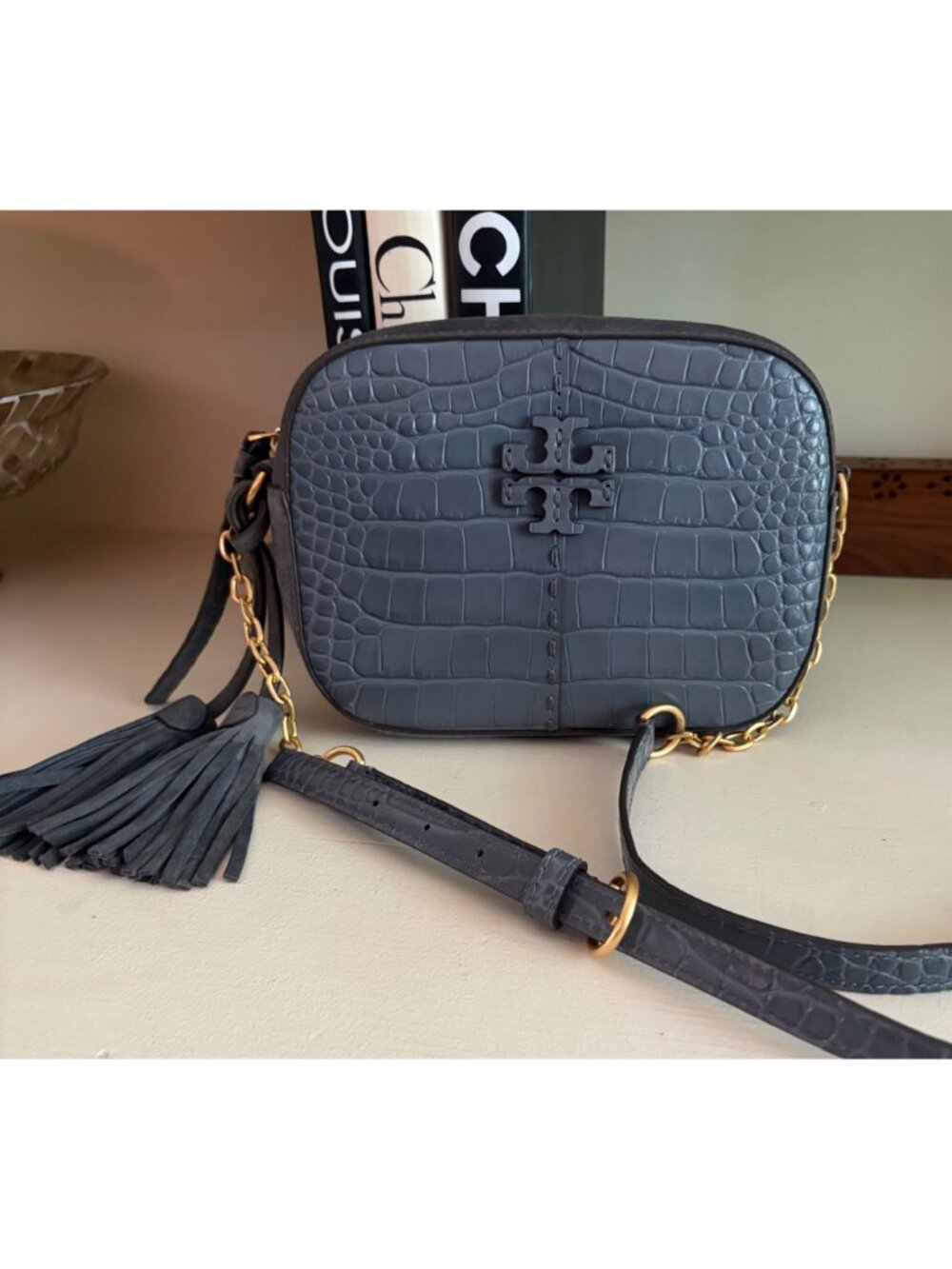 TORY BURCH McGraw Croc Embossed Leather Camera Bag Crossbody - Picture 2 of 14